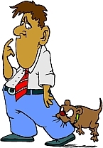 how to stop a puppy from biting - cartoon of dog biting man's leg