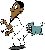 how to stop a puppy from biting - cartoon of dog biting vet's bum